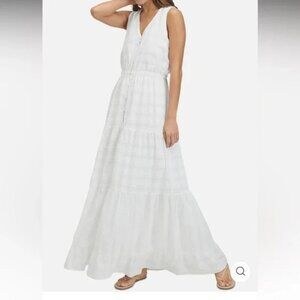 Splendid Northstar Maxi Dress Womens L White Cotton Tiered Button Front V-Neck
